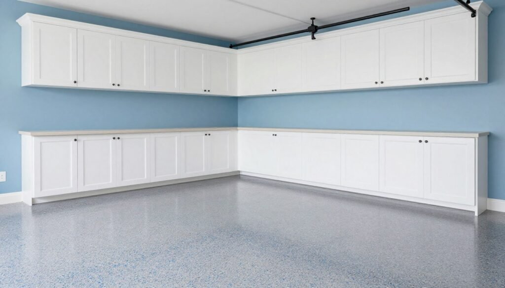 Garage with floor color coordinated with cabinetry and wall paint