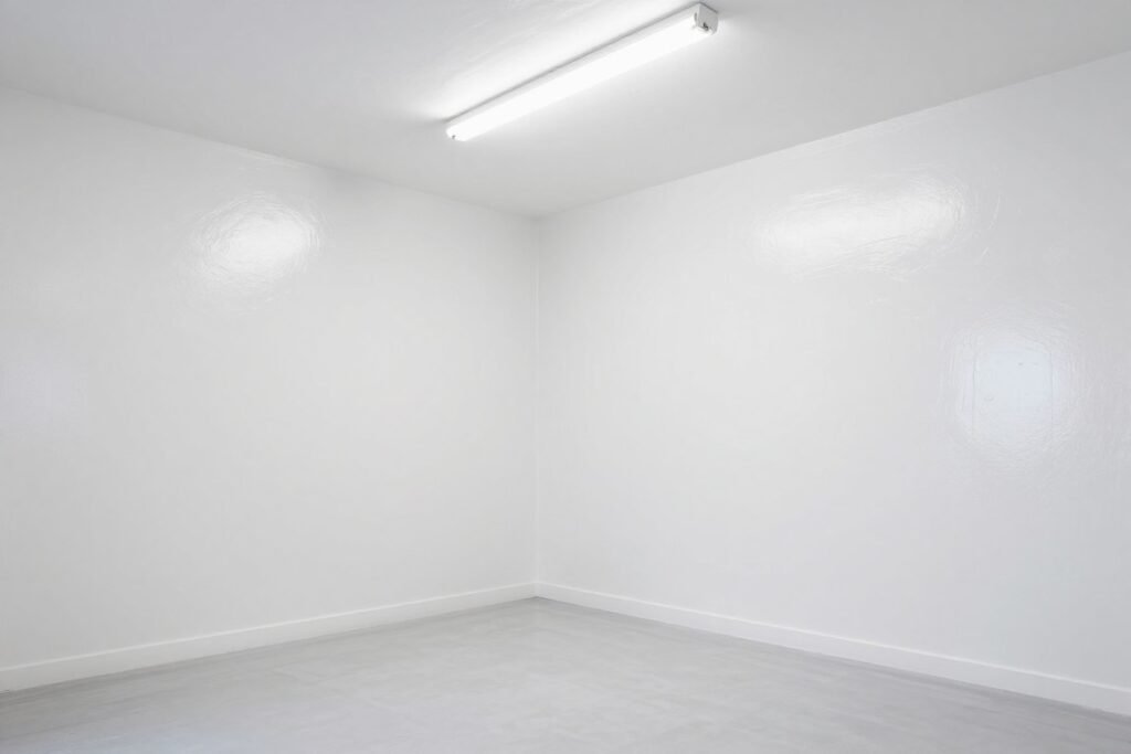 Garage with freshly painted bright white walls and ceiling