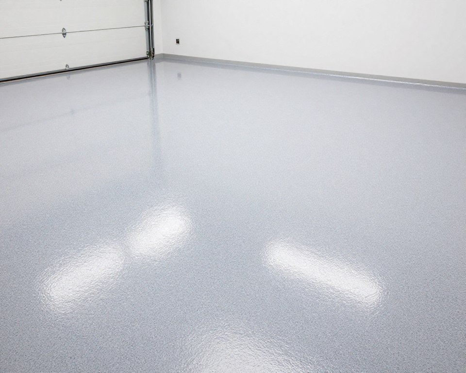 Garage with glossy epoxy floor coating in light gray with blue flecks
