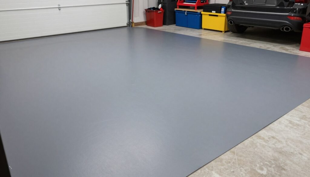 Garage with gray vinyl roll-out flooring covering the entire space
