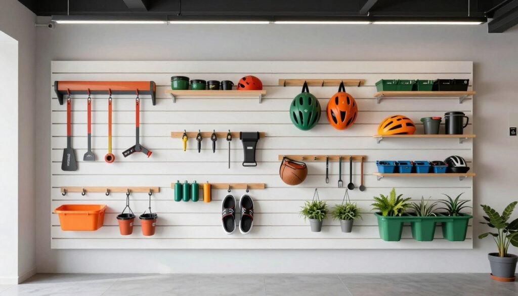 Garage with installed slatwall panels showing various hooks, baskets and tool storage Garage with installed slatwall panels showing various hooks, baskets and tool storage