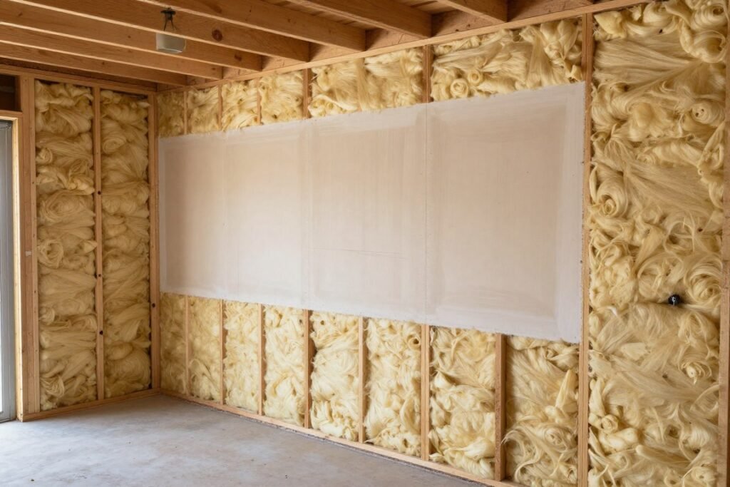 Garage with insulated walls during renovation process Garage with insulated walls during renovation process