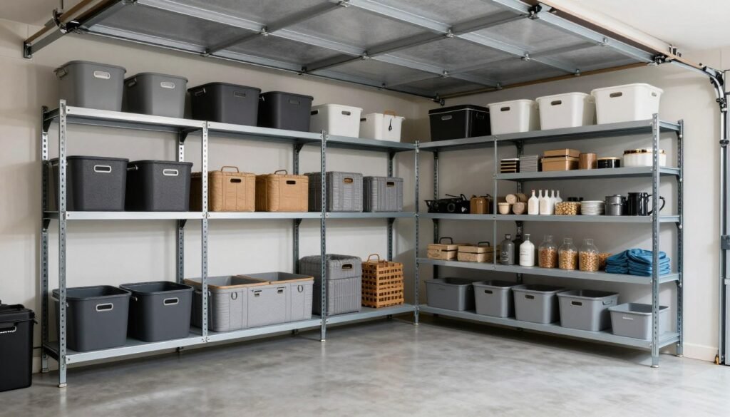 Garage with maximized vertical storage using wall systems and ceiling racks