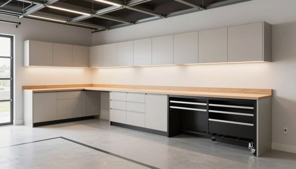 Garage with modular cabinet system, workbench, and clear floor space
