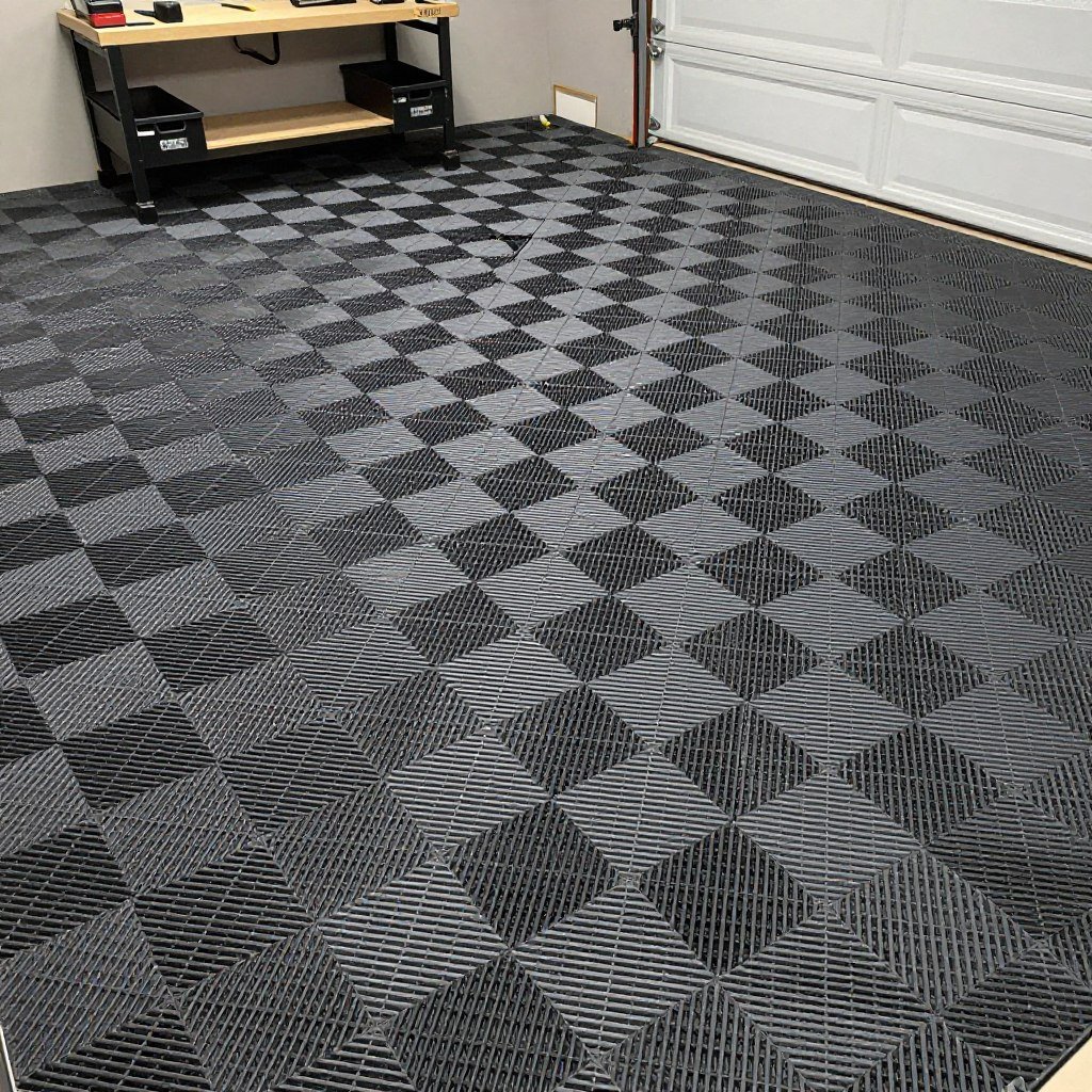 Garage with modular interlocking floor tiles in black and gray pattern