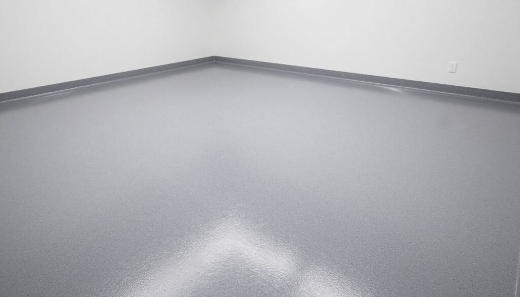 Garage with newly installed epoxy flooring in gray with flecks Garage with newly installed epoxy flooring in gray with flecks