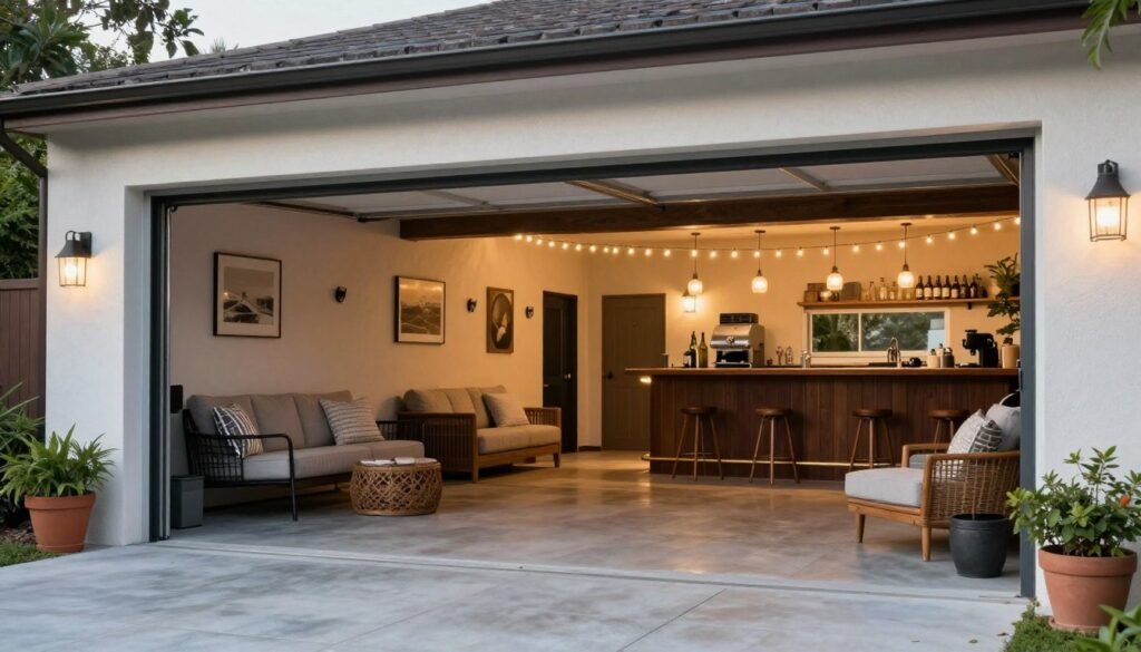 Garage with open doors connecting to outdoor patio space, creating a seamless entertaining area