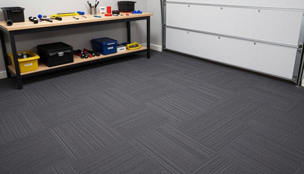 Garage with specialized carpet tiles creating a comfortable workshop area