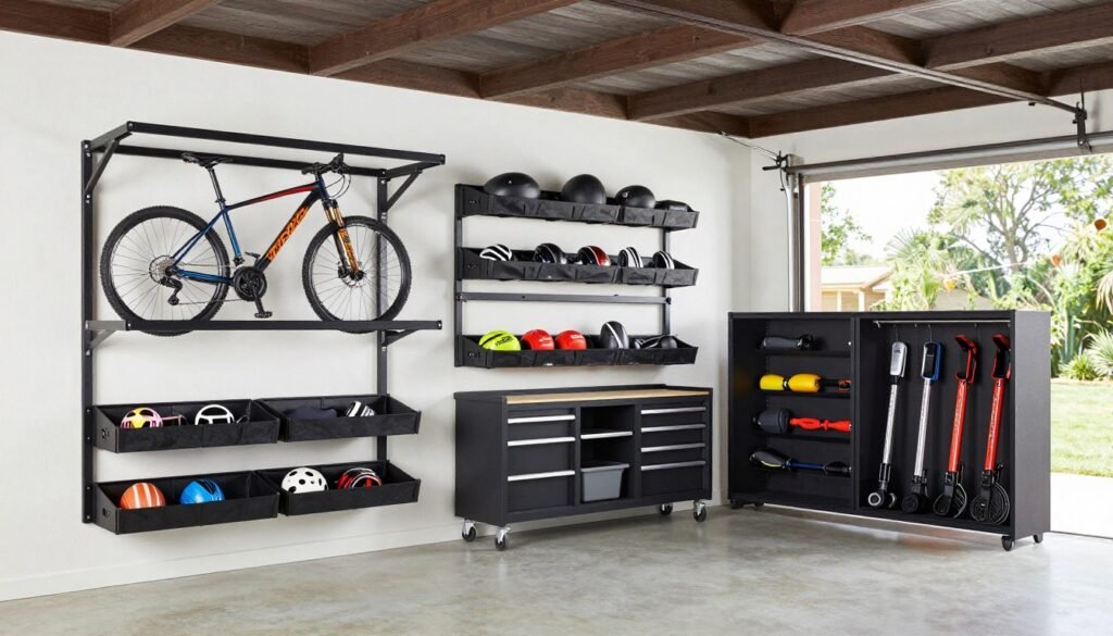 Garage with specialized storage solutions for bikes, sports equipment, and tools