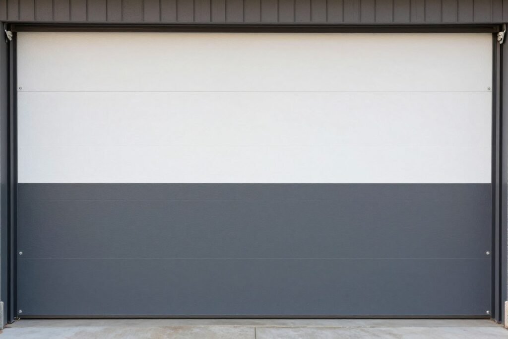 Garage with two-tone wall design featuring dark gray lower section and white upper section