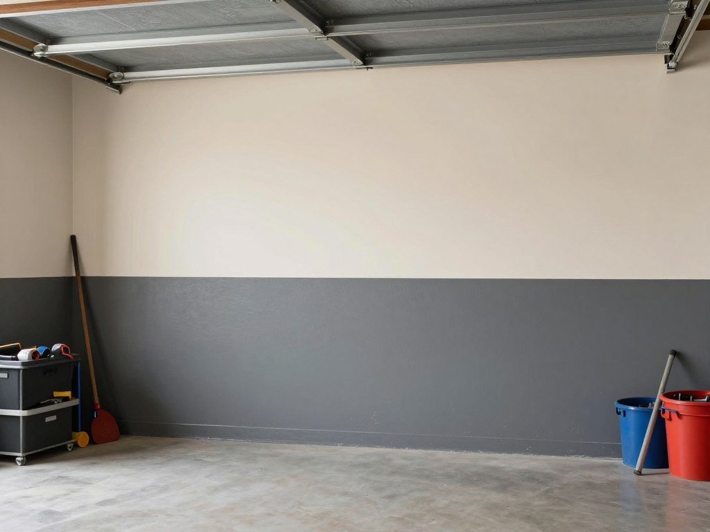 Garage with two-tone walls showing darker color on bottom third and lighter color on top