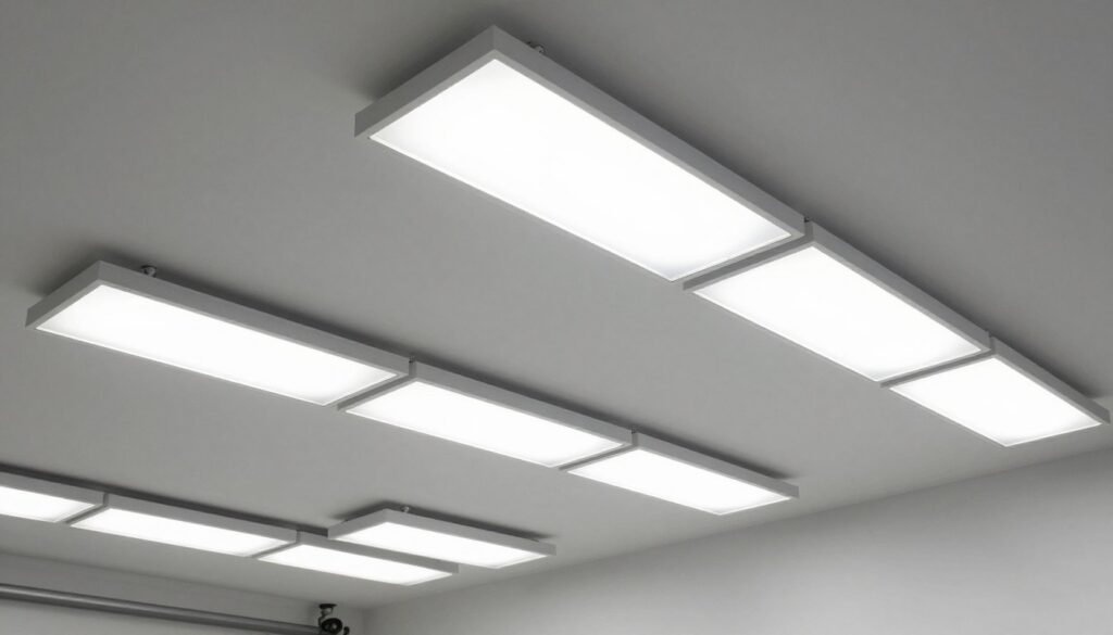 Garage with upgraded LED shop lighting fixtures