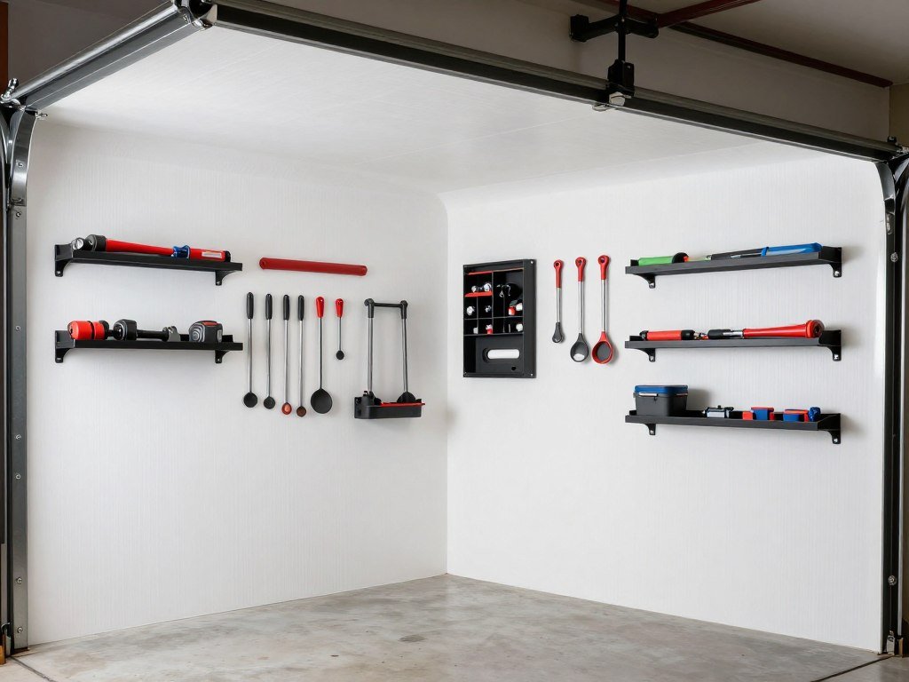 Garage with vinyl-covered drywall showing clean, finished appearance with mounted storage Garage with vinyl-covered drywall showing clean, finished appearance with mounted storage