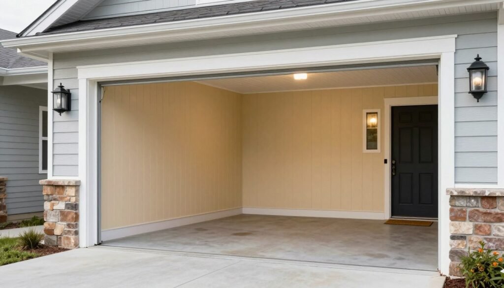 Garage with wall colors that coordinate with the home's exterior color scheme