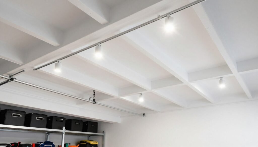 Garage with white ceiling, exposed painted rafters, and track lighting