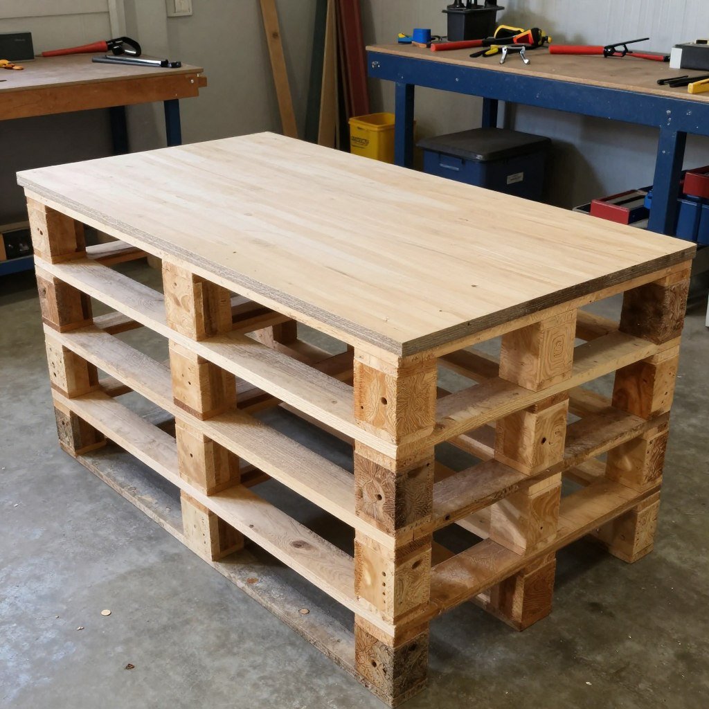 Garage workbench constructed from wooden pallets with a plywood top
