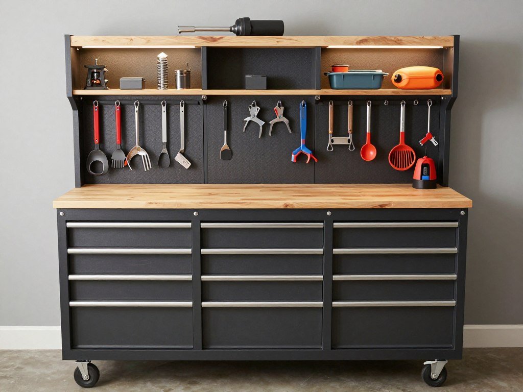 Garage workbench with integrated storage and tool organization