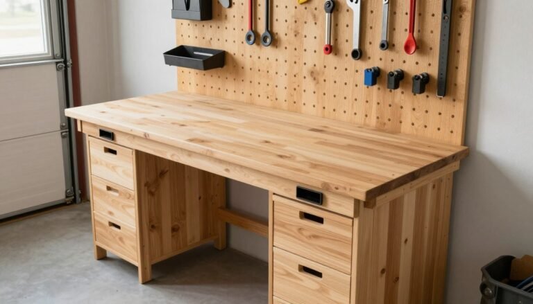 Garage workbench with labeled essential components including sturdy work surface, tool storage, and proper height