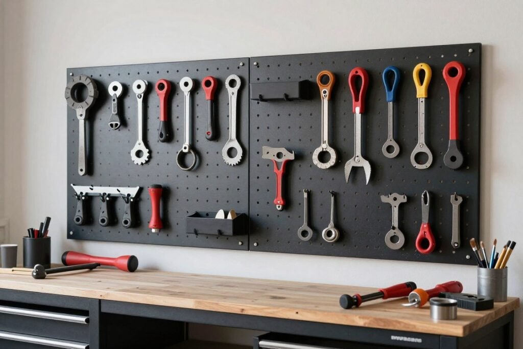 Garage workbench with organized pegboard tool storage system