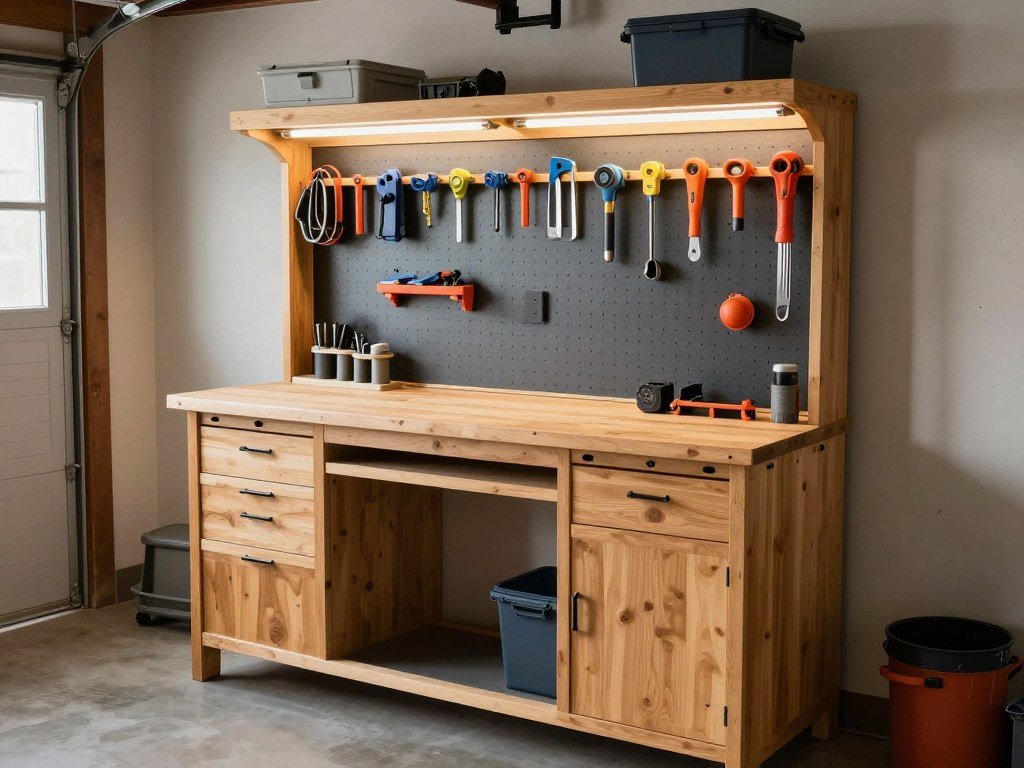 Garage workbench with tool storage and organization accessories