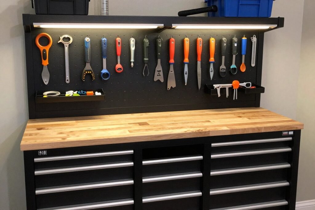 Garage workbench with tool storage, pegboard, and organized drawers
