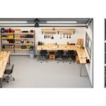 Garage workshop layout diagram showing different zones for tools, workbench, and storage