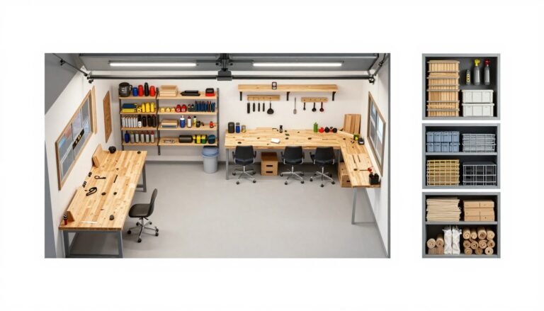 Garage workshop layout diagram showing different zones for tools, workbench, and storage