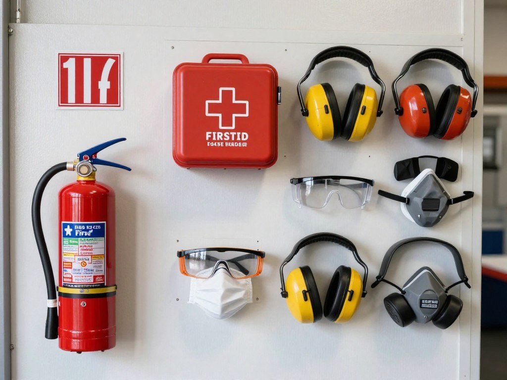 Garage workshop safety station with fire extinguisher, first aid kit, and personal protective equipment Garage workshop safety station with fire extinguisher, first aid kit, and personal protective equipment
