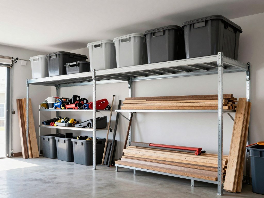 Garage workshop with ceiling-mounted storage racks holding seasonal items and storage bins Garage workshop with ceiling-mounted storage racks holding seasonal items and storage bins