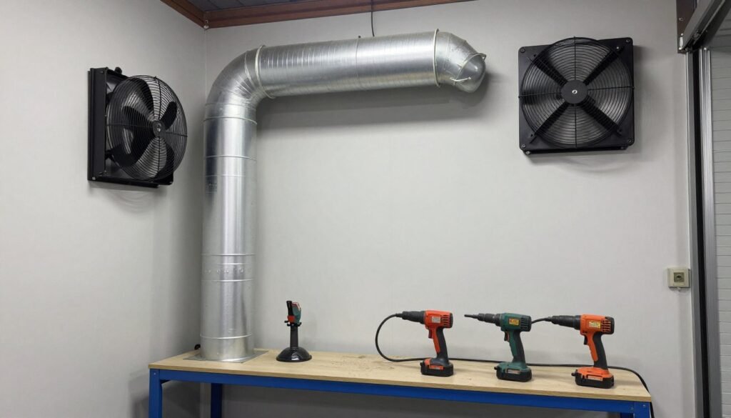 Garage workshop with dust collection system and exhaust fan for ventilation Garage workshop with dust collection system and exhaust fan for ventilation