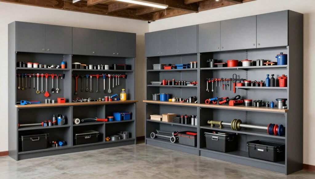 Garage workshop with efficient vertical storage systems including cabinets and wall-mounted racks Garage workshop with efficient vertical storage systems including cabinets and wall-mounted racks