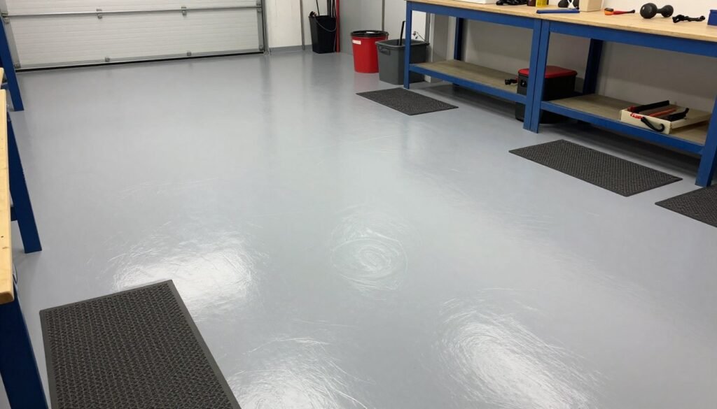 Garage workshop with epoxy-coated floor and anti-fatigue mats in work areas Garage workshop with epoxy-coated floor and anti-fatigue mats in work areas