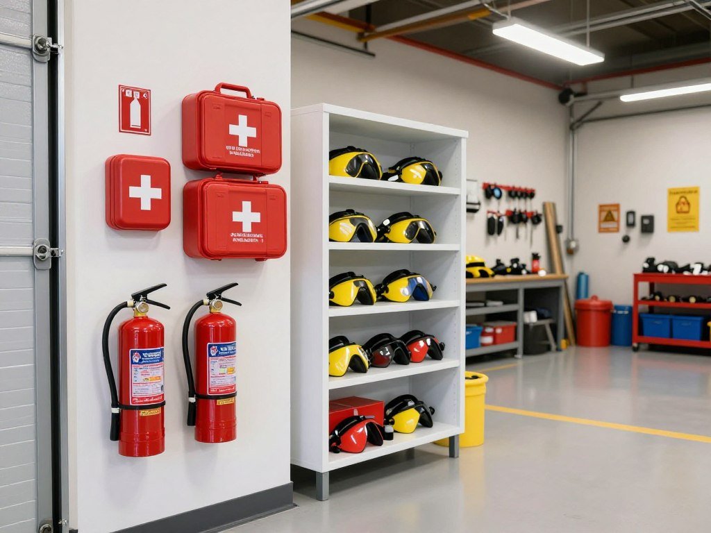 Garage workshop with safety equipment prominently displayed including fire extinguisher, first aid kit, and eye protection Garage workshop with safety equipment prominently displayed including fire extinguisher, first aid kit, and eye protection