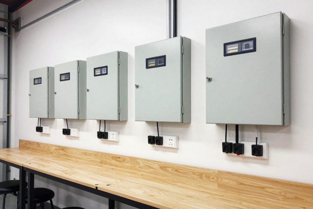 Garage workshop with upgraded electrical panel and multiple outlets along the walls Garage workshop with upgraded electrical panel and multiple outlets along the walls