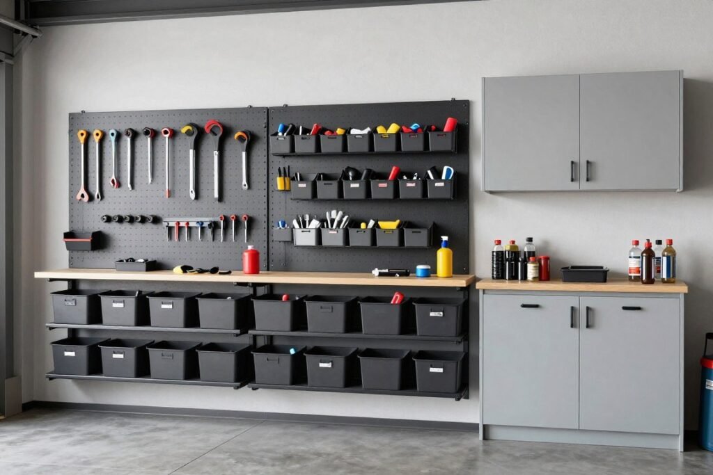 Garage workshop with wall-mounted storage systems including pegboards, shelves, and cabinets Garage workshop with wall-mounted storage systems including pegboards, shelves, and cabinets