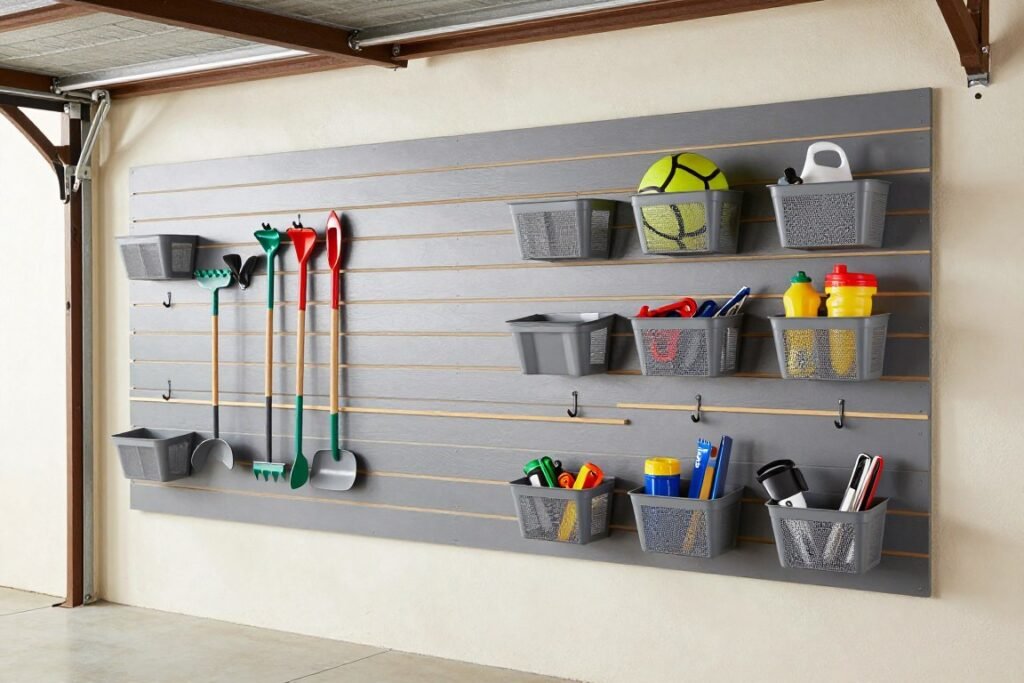 Gray slatwall panel system with various hooks and accessories organizing garage tools
