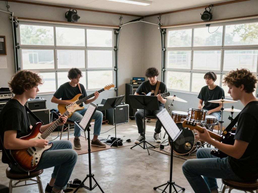 Group of diverse musicians auditioning for a garage band