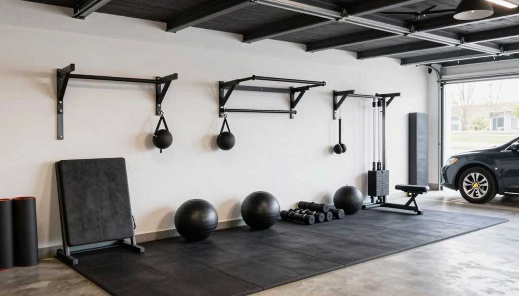 Half garage gym setup that shares space with a parked vehicle