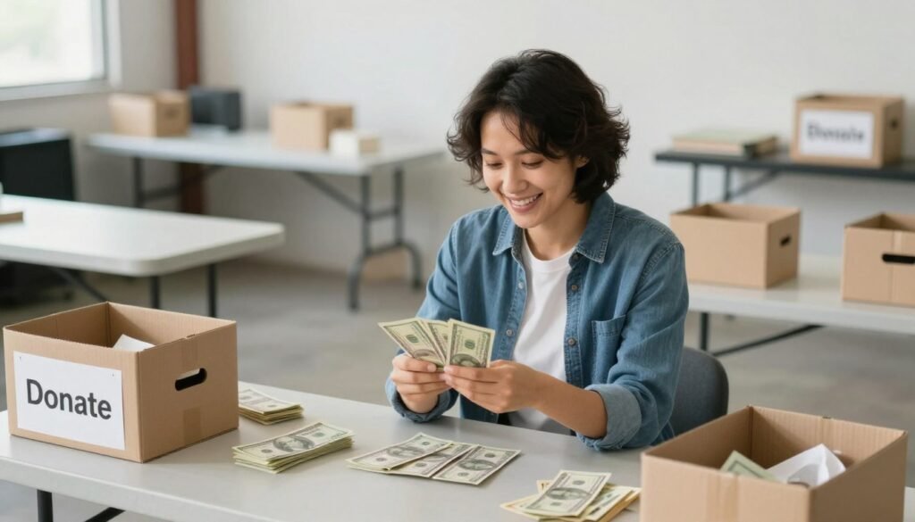 Happy person counting money after a successful garage sale with empty tables