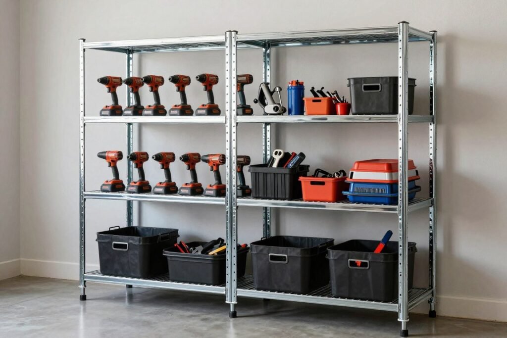 Heavy-duty garage shelving unit with organized tools and storage bins