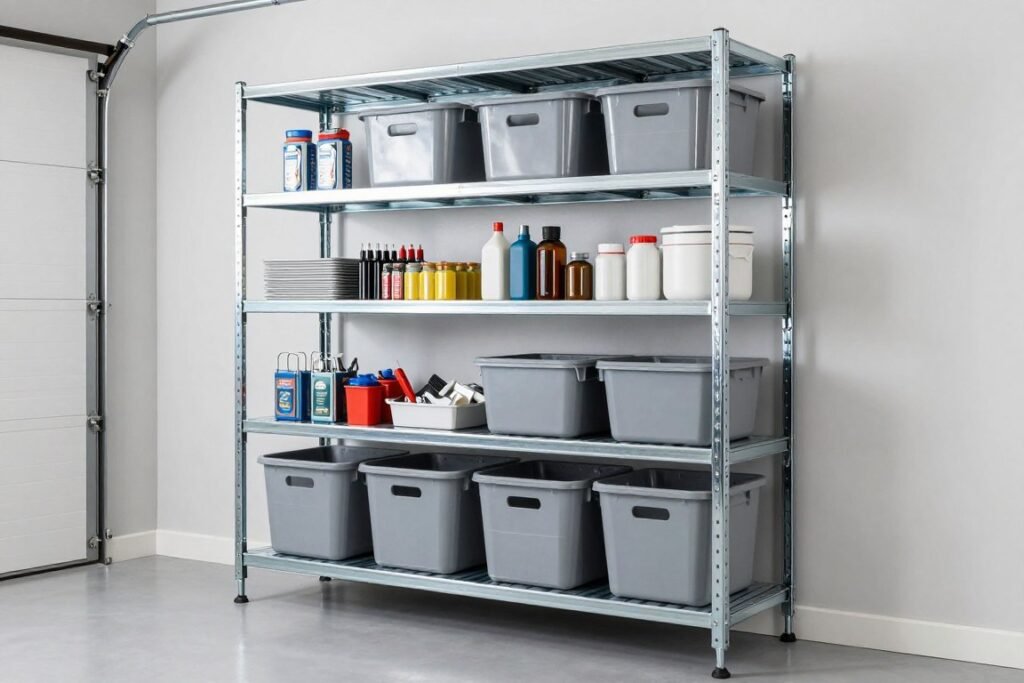Heavy-duty metal garage shelving unit with plastic bins