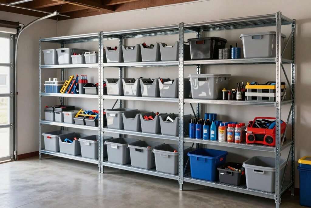 Heavy-duty metal shelving units in garage with organized bins and tools