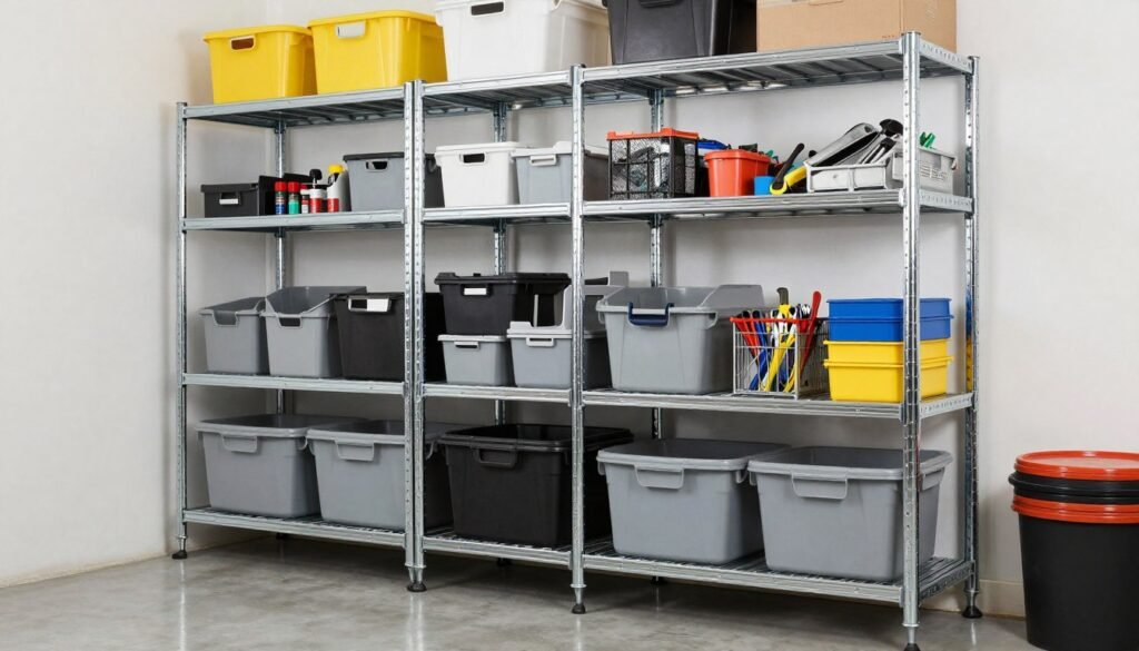 Heavy-duty metal shelving units with organized bins and garage items