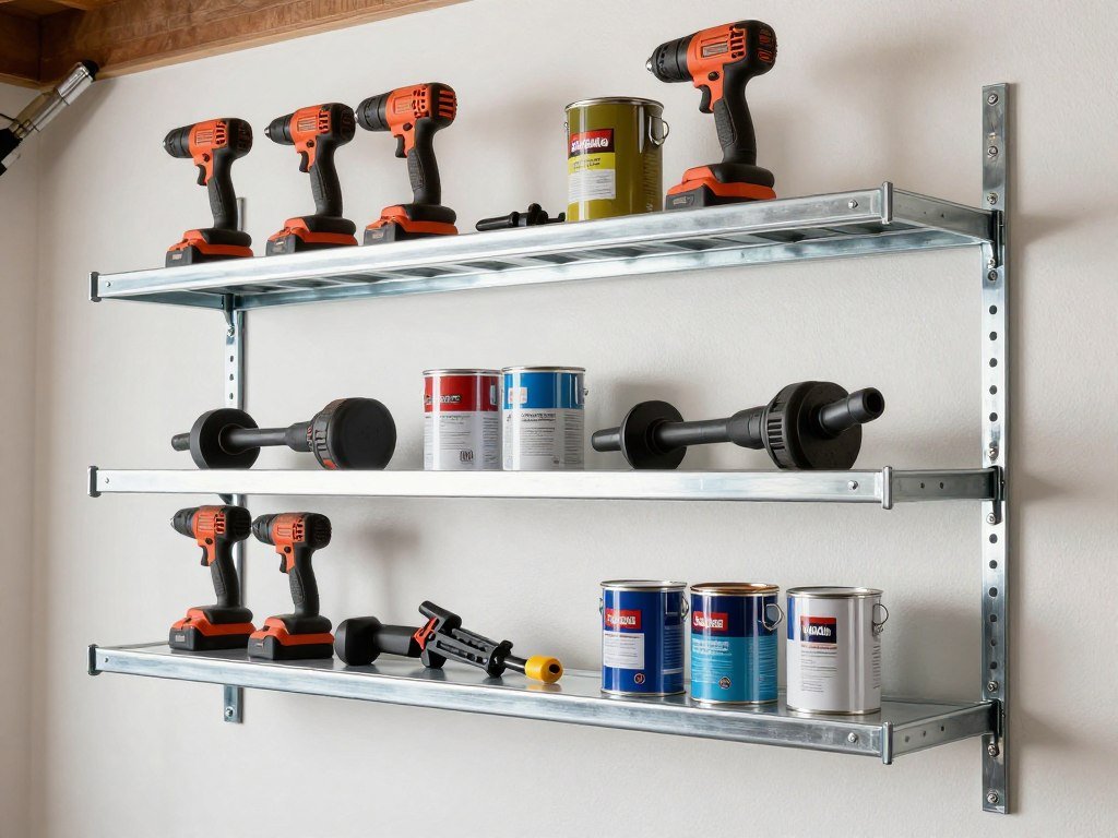 Heavy-duty metal wall shelves supporting power tools and equipment in a garage Heavy-duty metal wall shelves supporting power tools and equipment in a garage