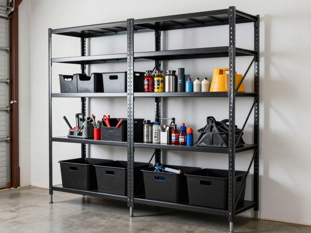 Heavy-duty steel shelving rack with adjustable shelves holding various garage items Heavy-duty steel shelving rack with adjustable shelves holding various garage items