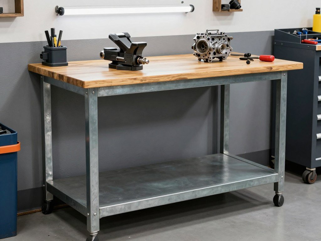 Heavy-duty workbench in mechanic garage with tools and project