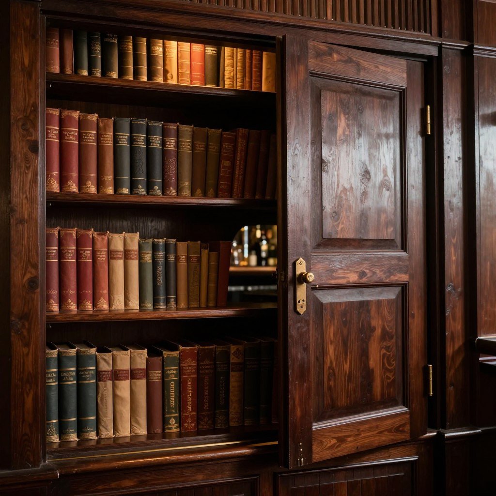 Hidden bookcase door entrance to speakeasy bar