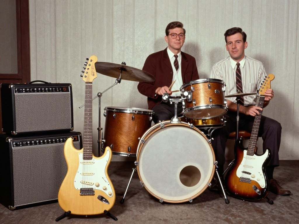 Historical image representing 1960s garage band culture with vintage instruments and equipment