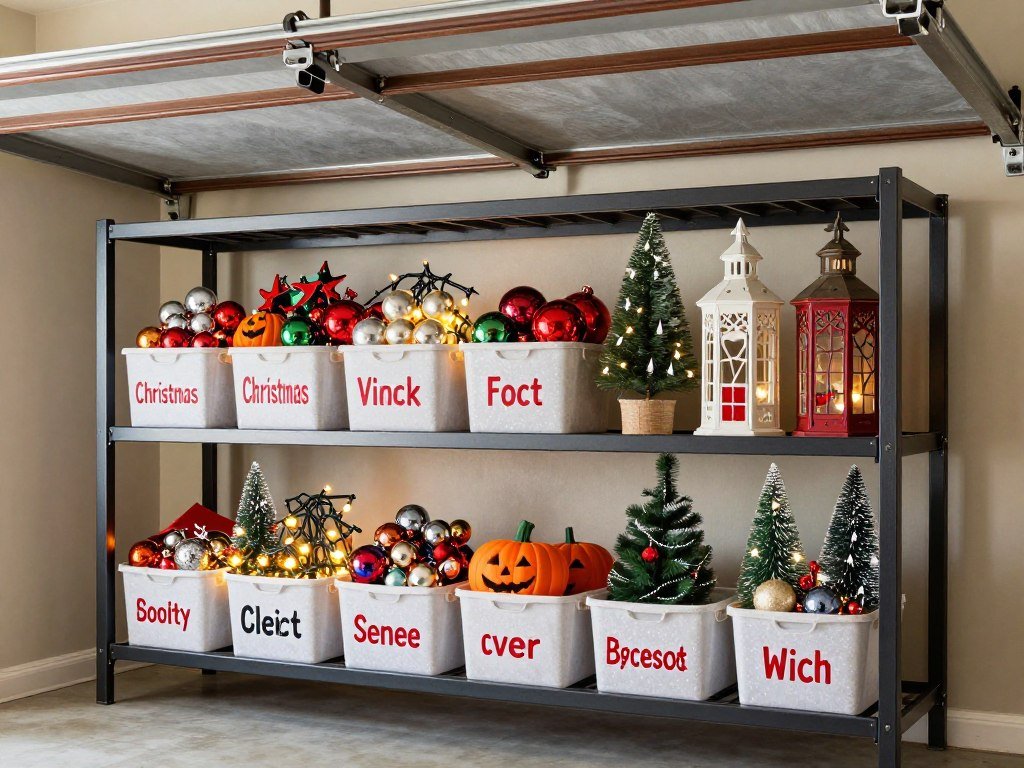 Holiday decoration storage with specialized containers for ornaments, lights, and artificial trees on overhead racks