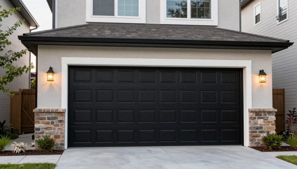 Home exterior with black garage door complemented by coordinated lighting, hardware, and landscaping